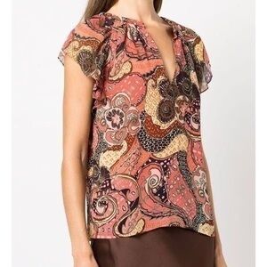 Joie Boho Floral Retro Chiffon Flutter Blouse Coral Orange Lined Size Small